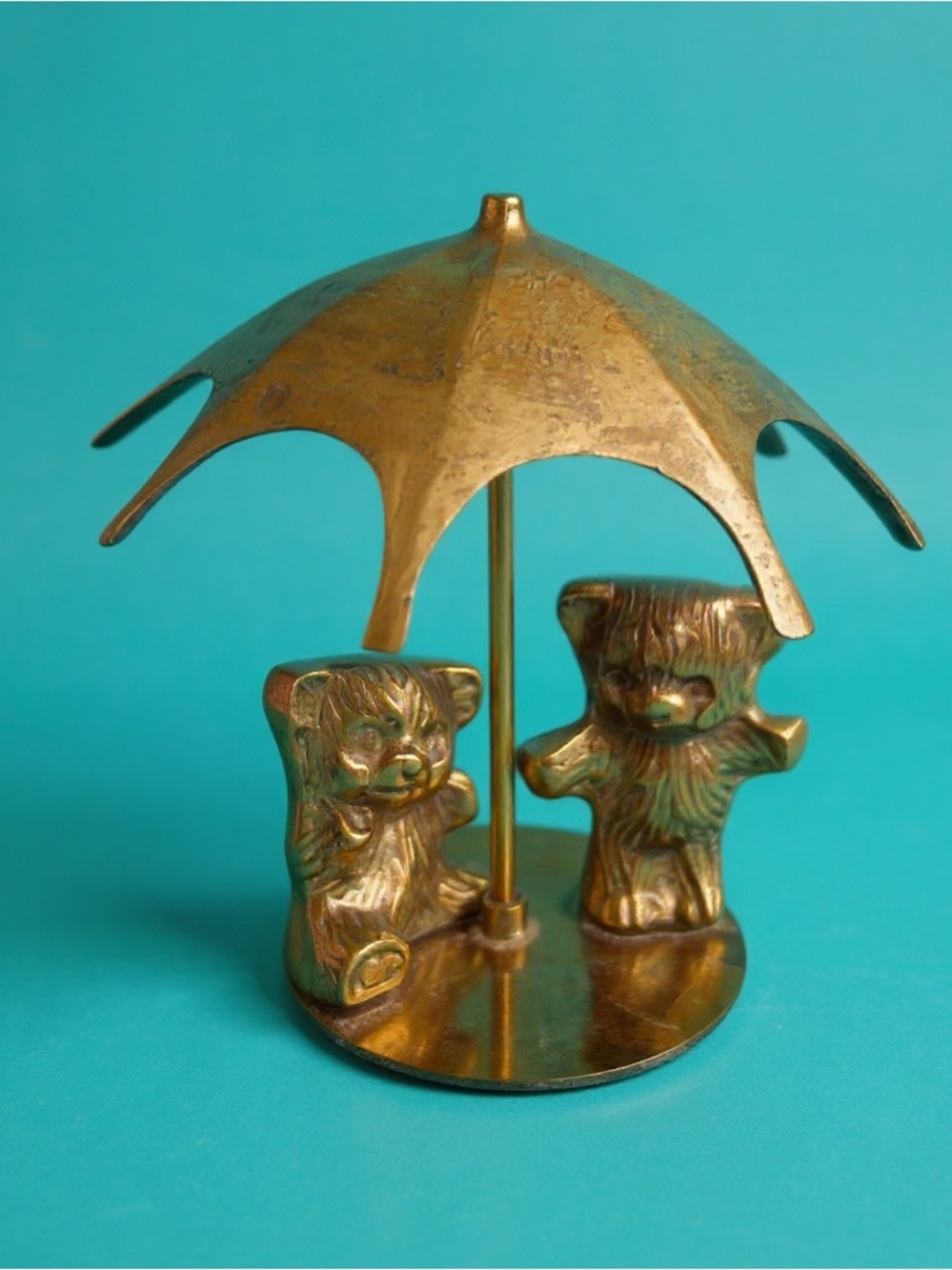 Vintage Solid Brass Teddy Bears Under Umbrella Figurine